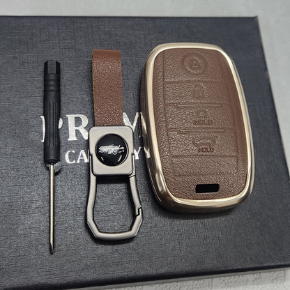 Kia 4 Button Key Exclusive Aluminium Alloy Leather Keycase with Holder & Rope Chain