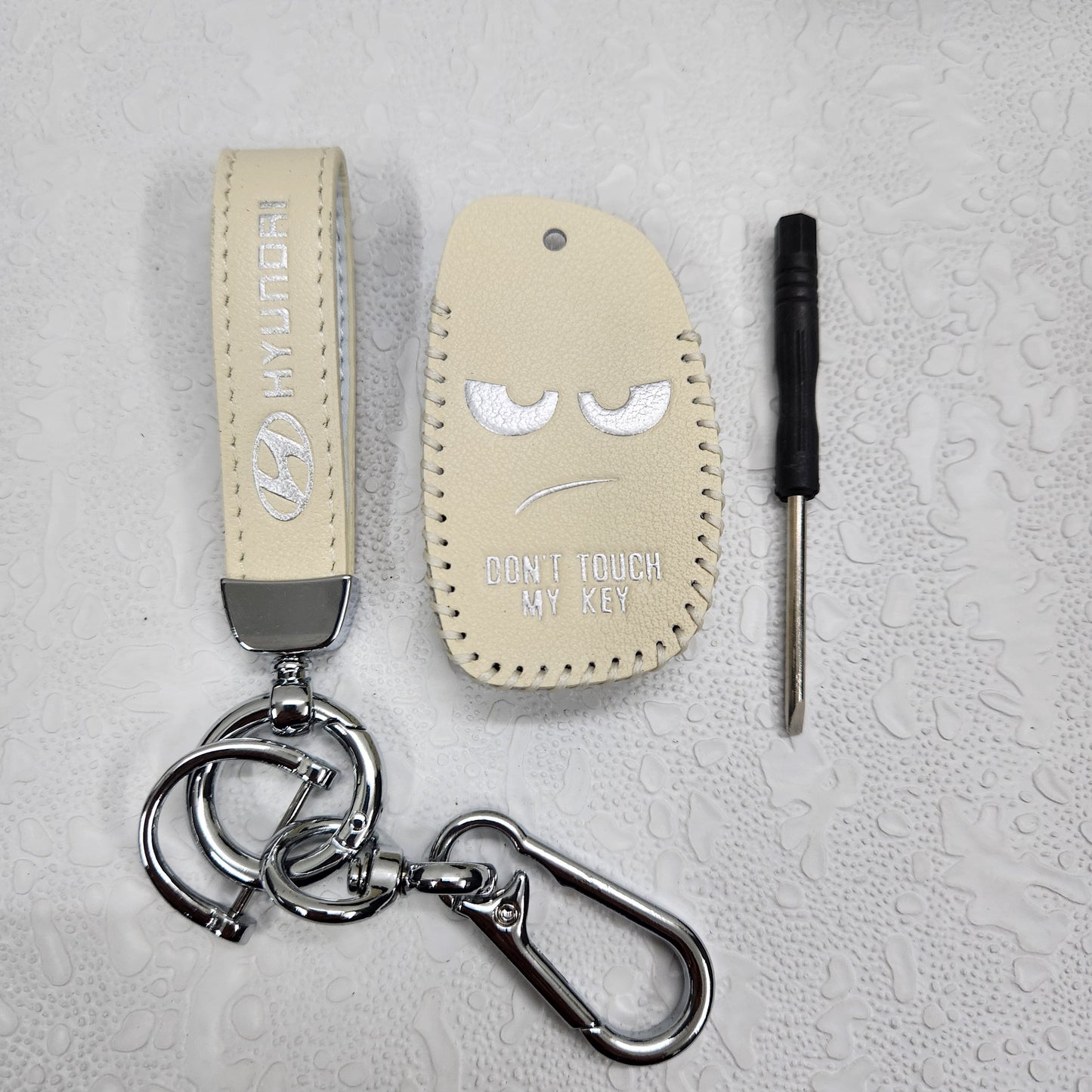 Hyundai Alcazar/Creta/i20 4 Button Key Luxury Handmade Oilwax Leather Keycase with Logo, Caption, Hook, and Chain