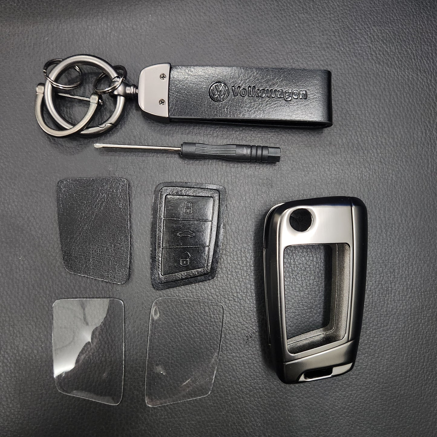 Volkswagen New Flip Key Metal Alloy Leather Keycase with Holder & Rope Chain