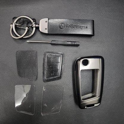 Volkswagen New Flip Key Metal Alloy Leather Keycase with Holder & Rope Chain