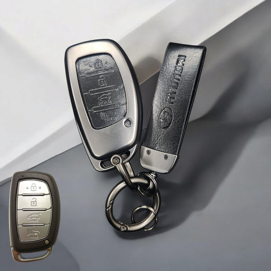 Hyundai Alcazar/Creta/Venue/i20 (4 Button Key) Metal Alloy Leather Keycase with Holder & Rope Chain