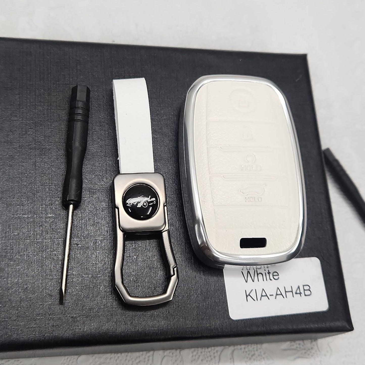 Kia 4 Button Key Exclusive Aluminium Alloy Leather Keycase with Holder & Rope Chain