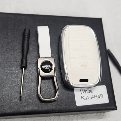 Kia 4 Button Key Exclusive Aluminium Alloy Leather Keycase with Holder & Rope Chain