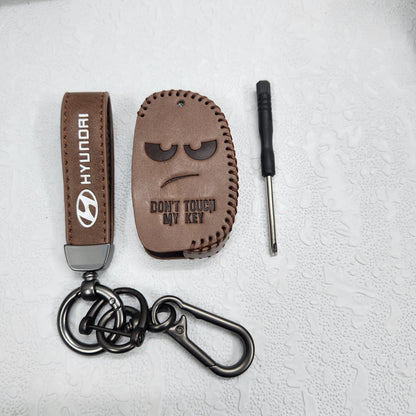 Hyundai i20/Creta Flip Key Luxury Handmade Oilwax Leather Keycase with Logo, Caption, Hook, and Chain