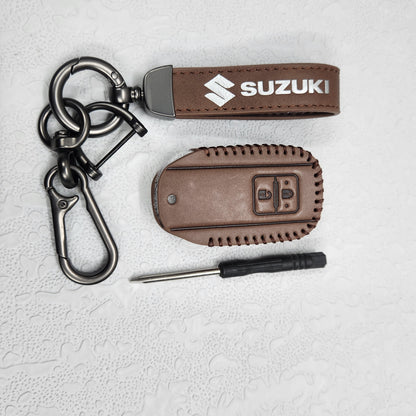 Suzuki Swift/Baleno/Ignis/Scross 2 Button Key Luxury Handmade Oilwax Leather Keycase with Logo, Caption, Hook, and Chain