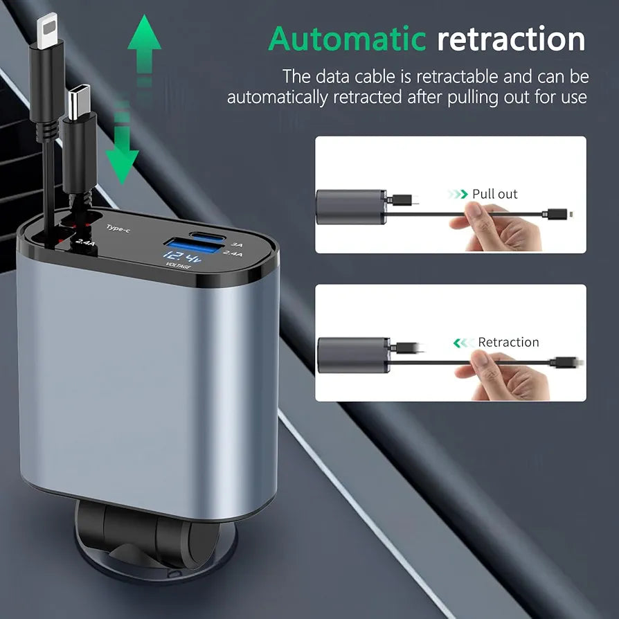 4in1 Fast USB C Car Charger 120W with Dual Retractable Cable Dual USB Ports, Voltage Display Car Charger
