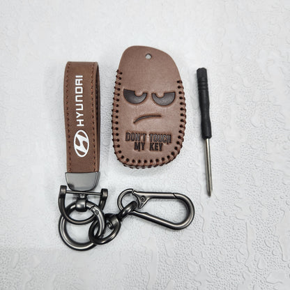 Hyundai Creta/i20/Aura/i10 3 Button Key Luxury Handmade Oilwax Leather Keycase with Logo, Caption, Hook, and Chain