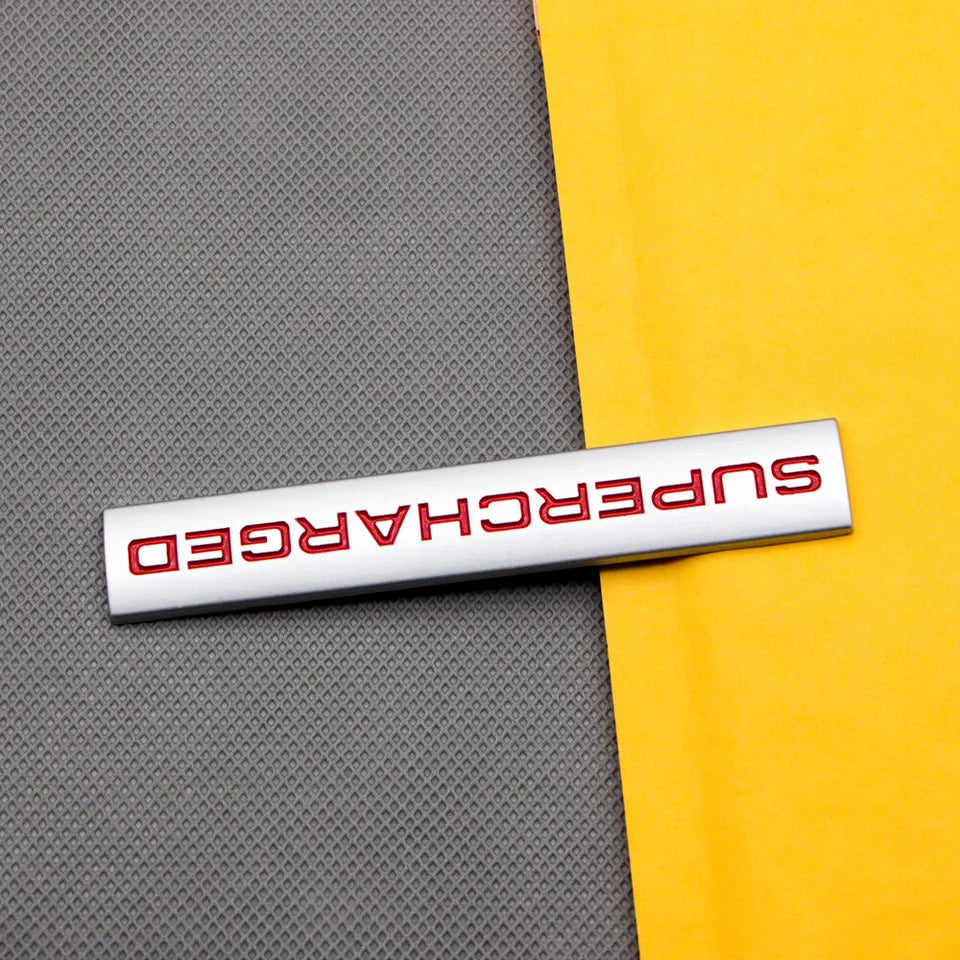 3D Supercharged Logo Metal Sticker Decal Grey/Red (11 x 2 cm)