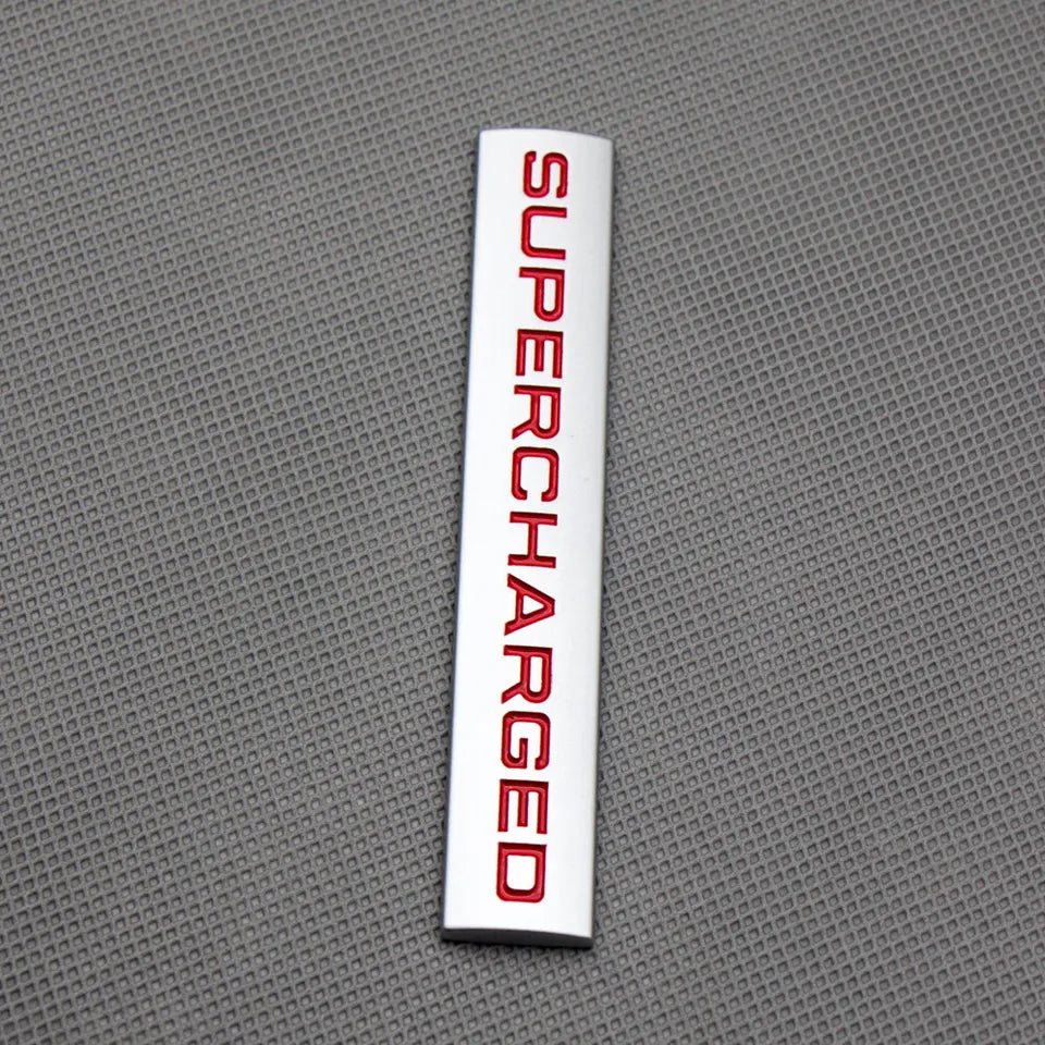 3D Supercharged Logo Metal Sticker Decal Grey/Red (11 x 2 cm)